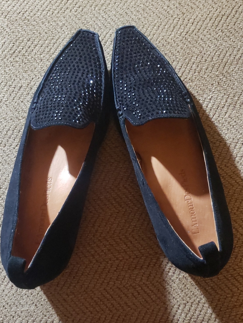 L'AMOUR DES PIEDS Black Suede Rhinestone Studded Pointed Loafers